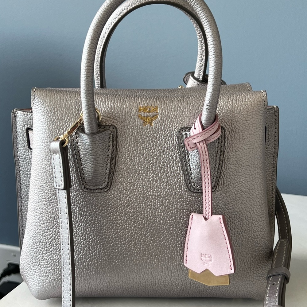 MCM Metallic Grained Calfskin Mini Mila Tote in Spike Silver